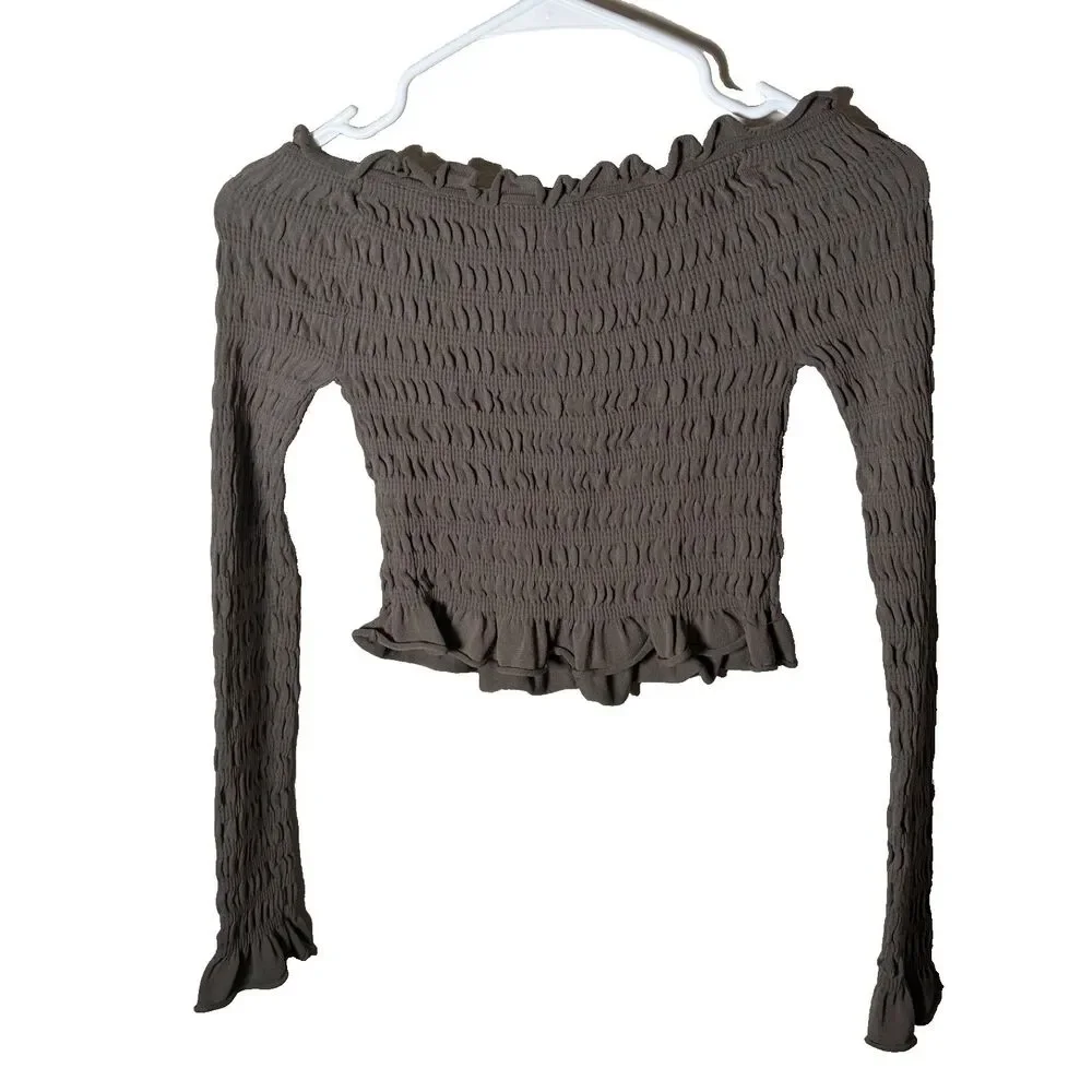 Zara Blouse Women's Small Olive Smocked Cropped Long Sleeve Ruffle Top